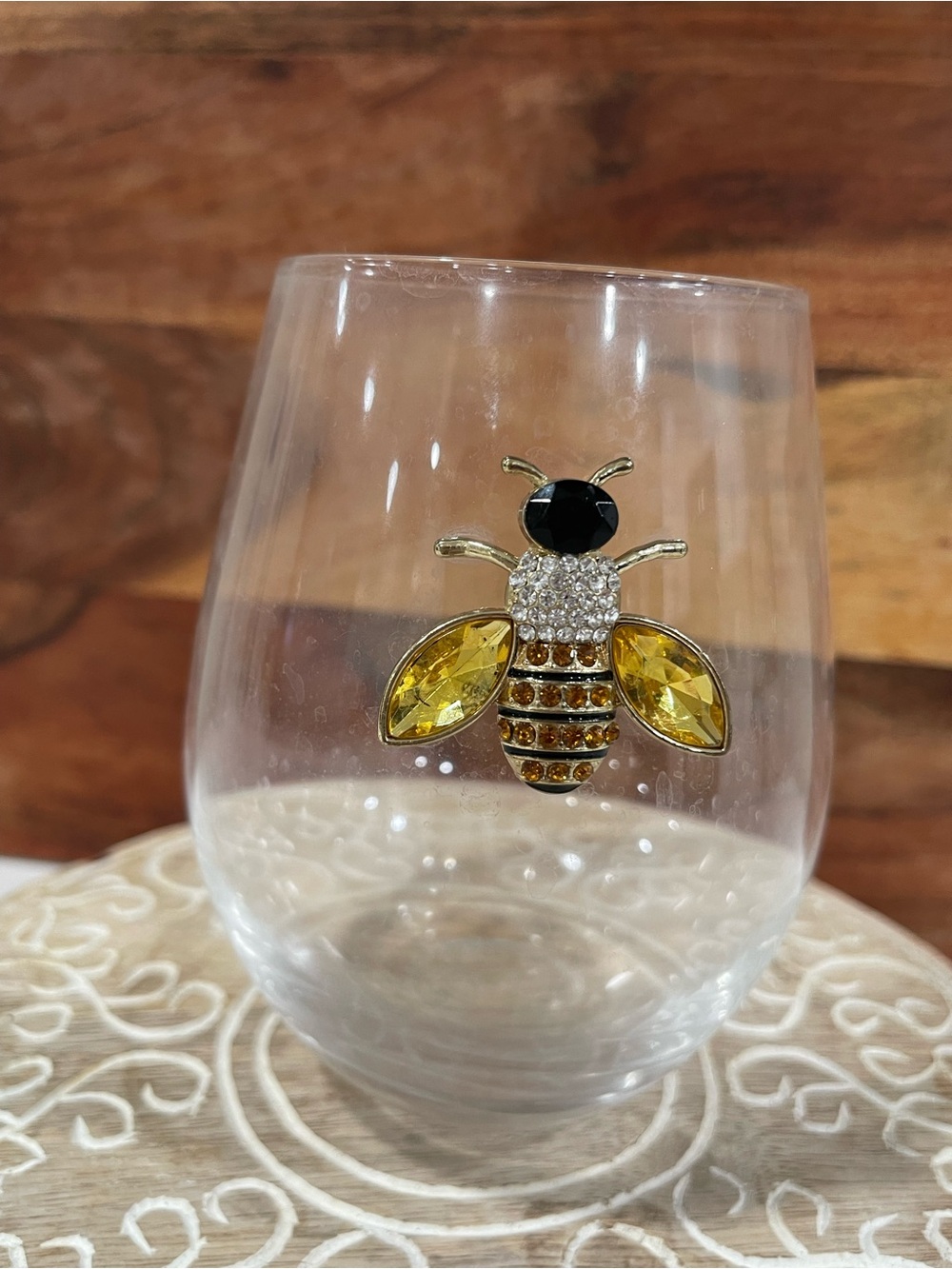 Rachel Zoe Stemless Glass with Bee Emblem and Yellow Crystal Wings